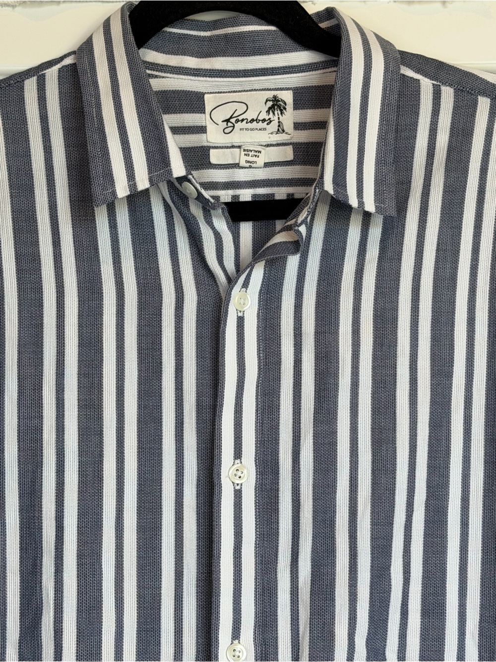 Bonobos Men’s L Long Slim Fit Blue White Striped Shirt 100% Cotton 1113
